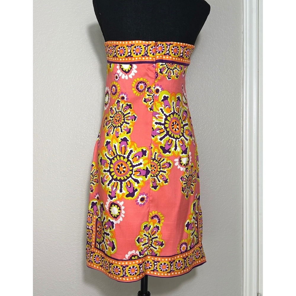 Trina Turk Strapless Silk Mini Shift Dress 8 Pink Coral Floral Mod Resortwear - Picture 2 of 14